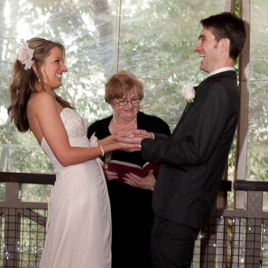 Couple laughing
during their wedding ceremony