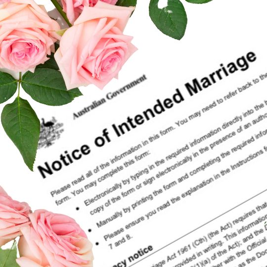 First page of
the Notice of Intended Marriage with pink roses
lying on it.