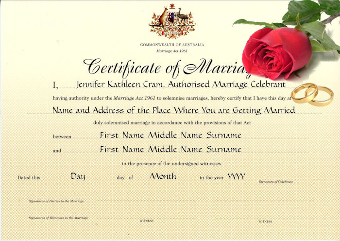 The Marriage Certificate presented to
marrying couples by the authorised celebrant,
with a red rose and gold rings