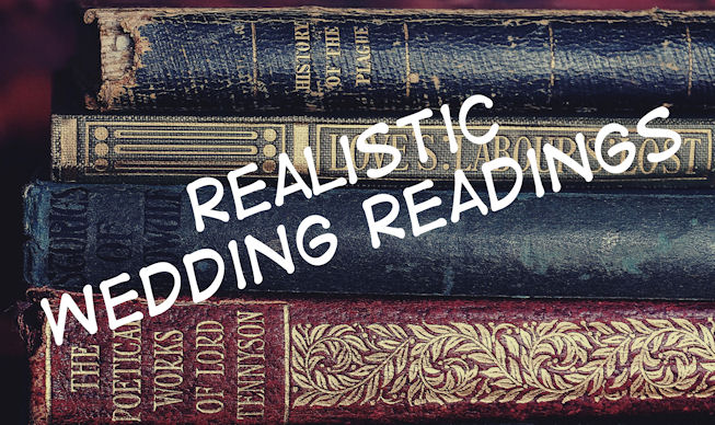 Stack of books with title
"Realistic Wedding Readings" superimposed