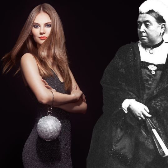 On the left of the picture a fashionable
young woman wearing a little black dress. She has
long hair and a round handbag hanging off her
shoulder. On the right an elderly Queen Victoria,
dressed in mourning.