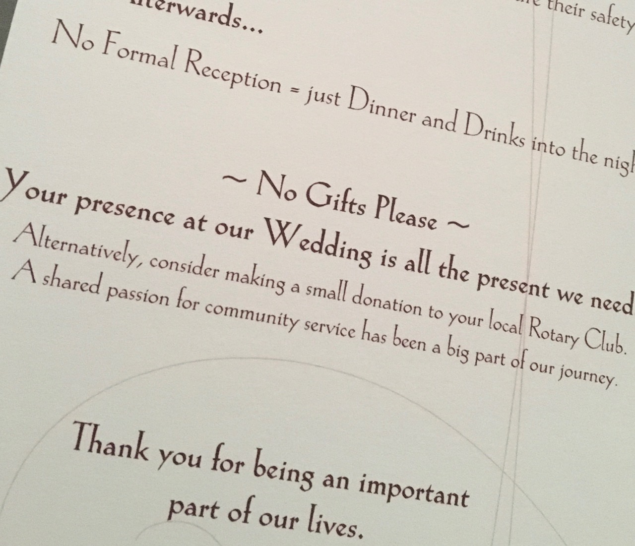 Wedding invitation request for donations to
the local Rotary Club