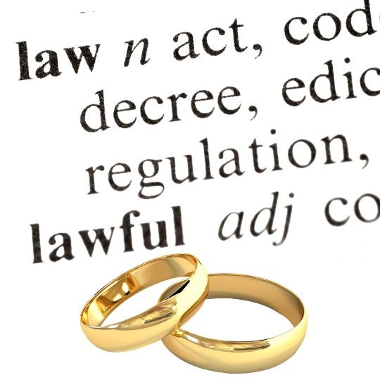 Dictionary page with definitions of law and
lawful plus two gold wedding rings