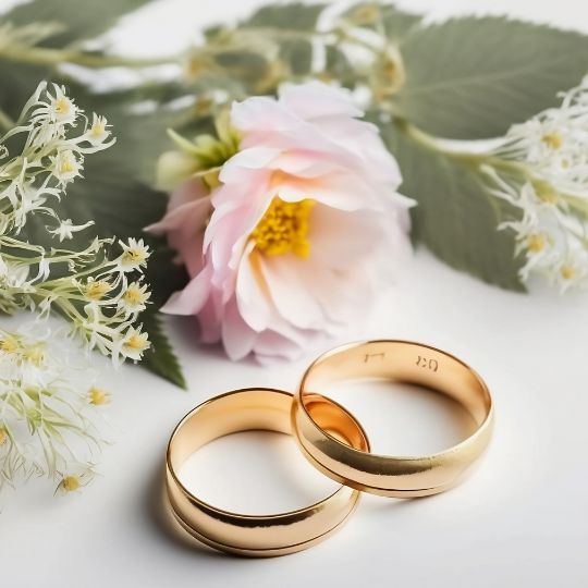 two gold wedding rings with a casual
bouquet of flowers